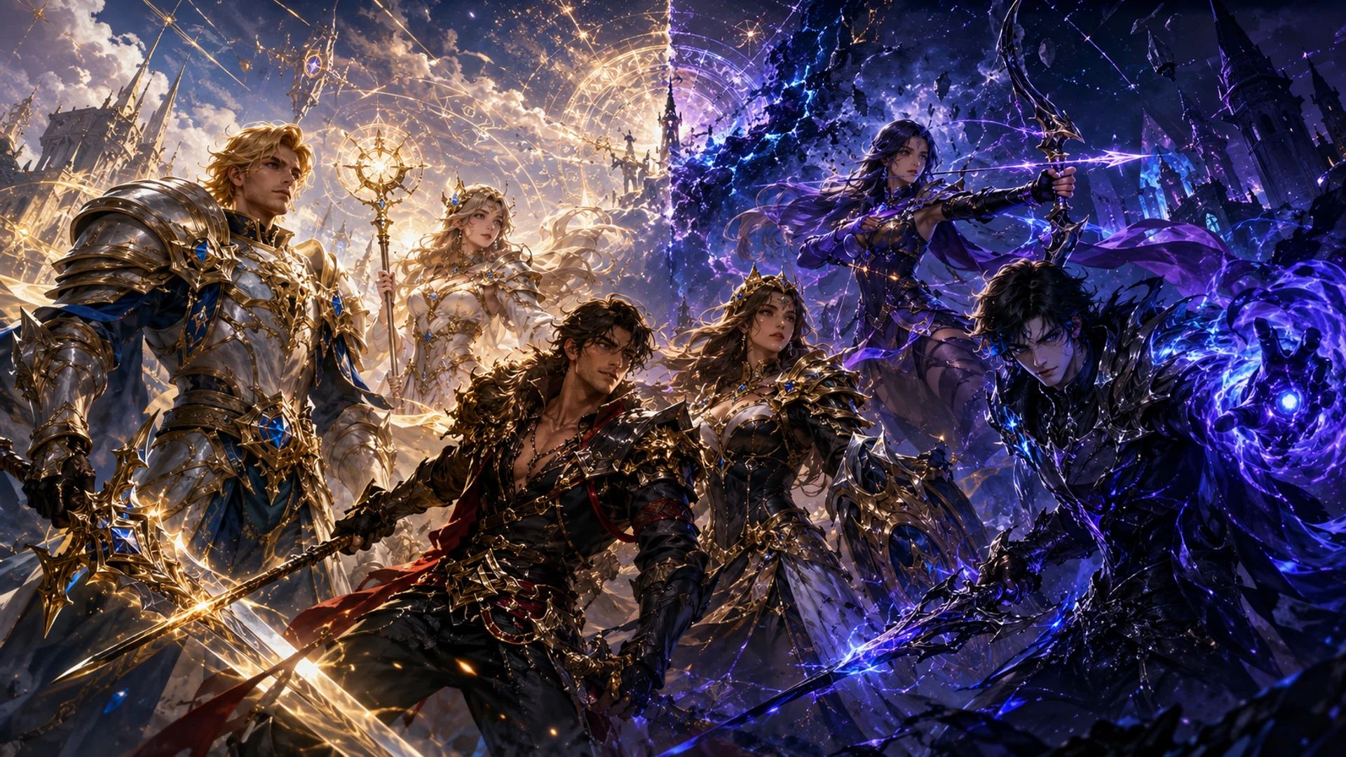 Triune champions poised between radiant light and violet energy